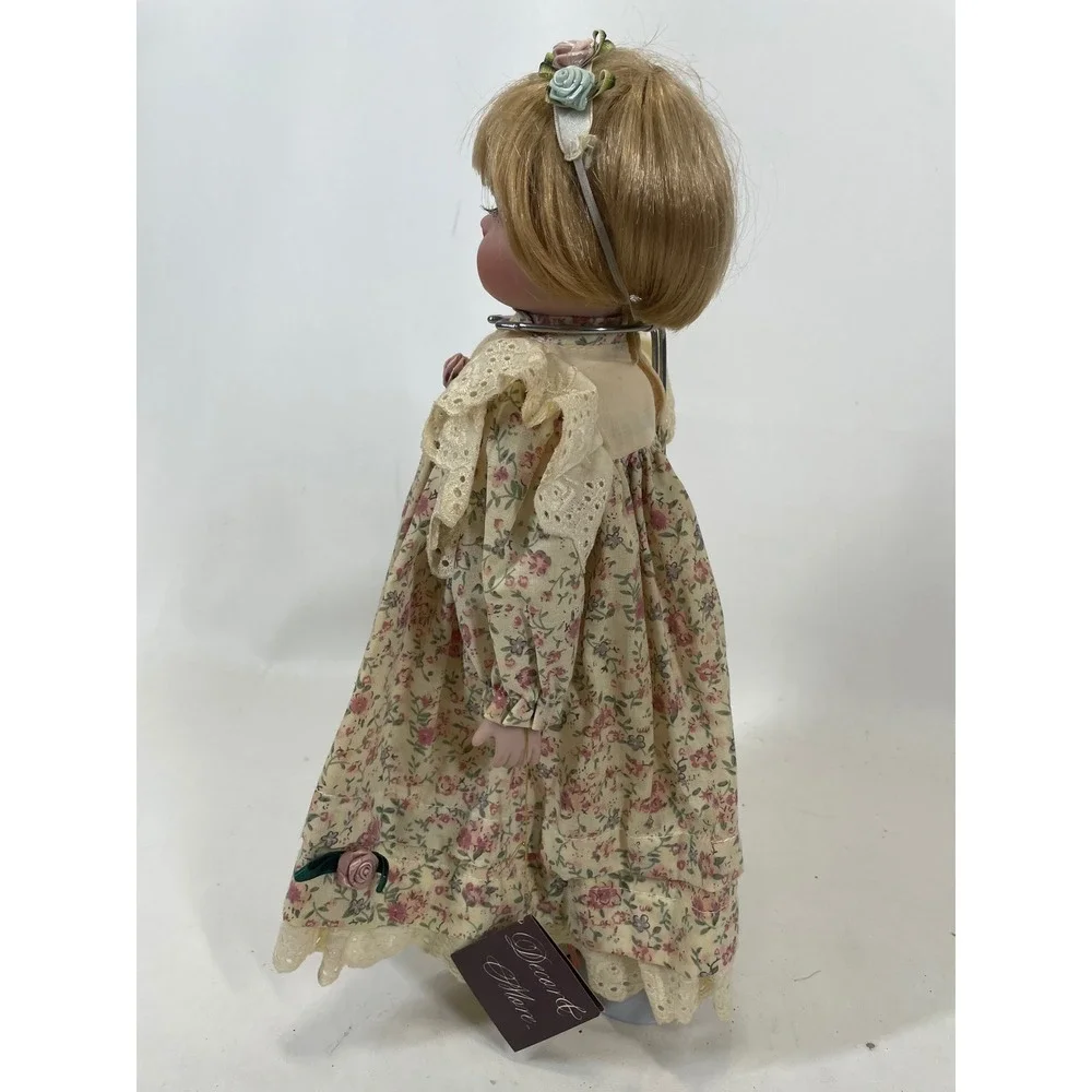 Decor & More Porcelain Doll Blonde Hair Blue Eyes Floral Dress Lace Trim 16 inch